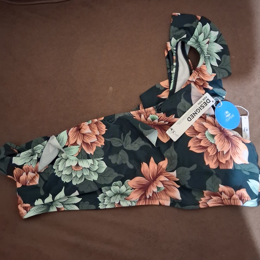 Cupshe Dark Green One-Shoulder Floral Bikini Top with Coral & Mint Blooms